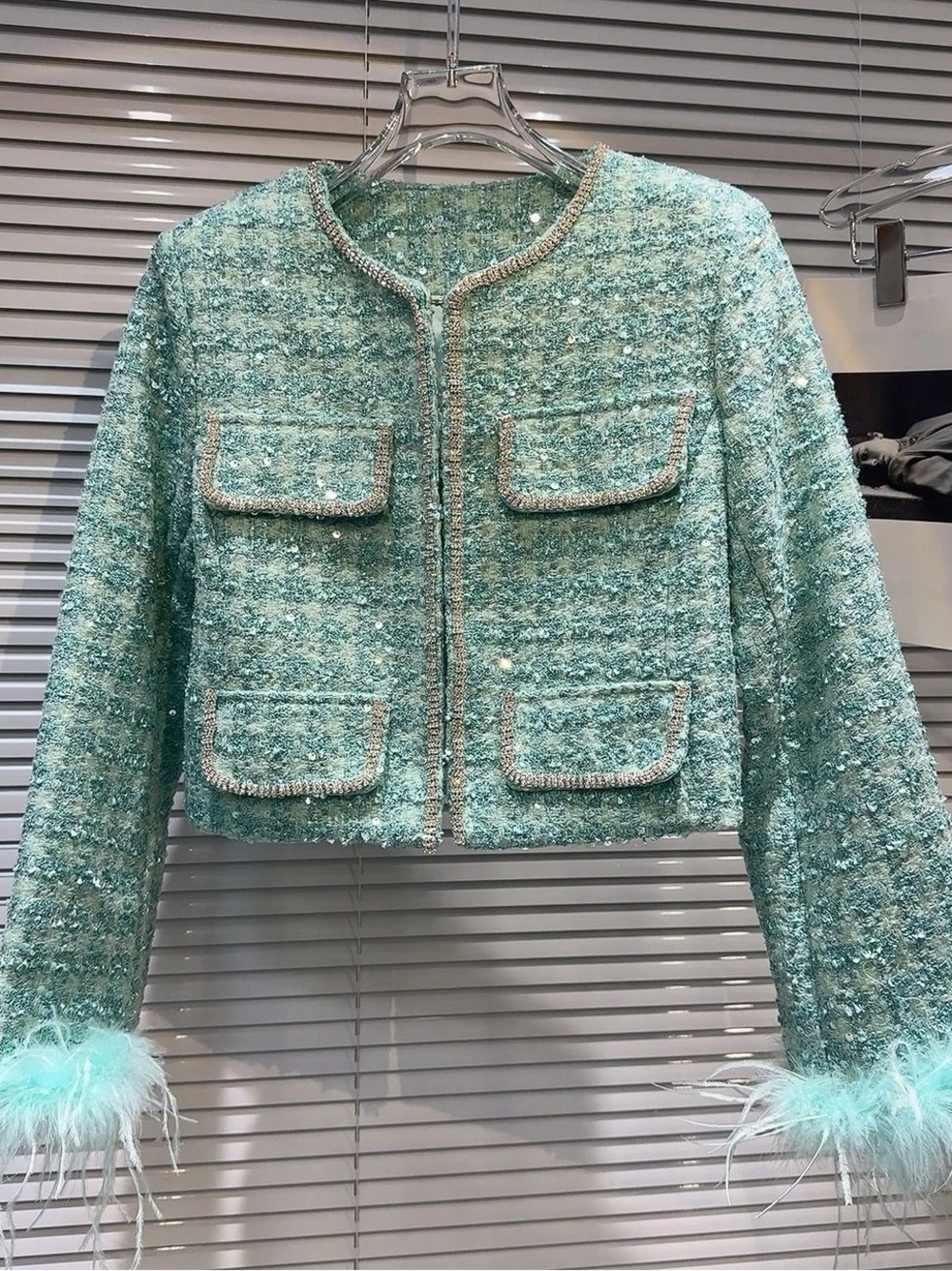 Mint Green Tweed Cropped Blazer with Feather Cuffs